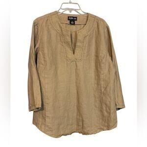 Women’s V-neck Linen Boho Tunic Style & Co Shirt Tan Beaded Size 16